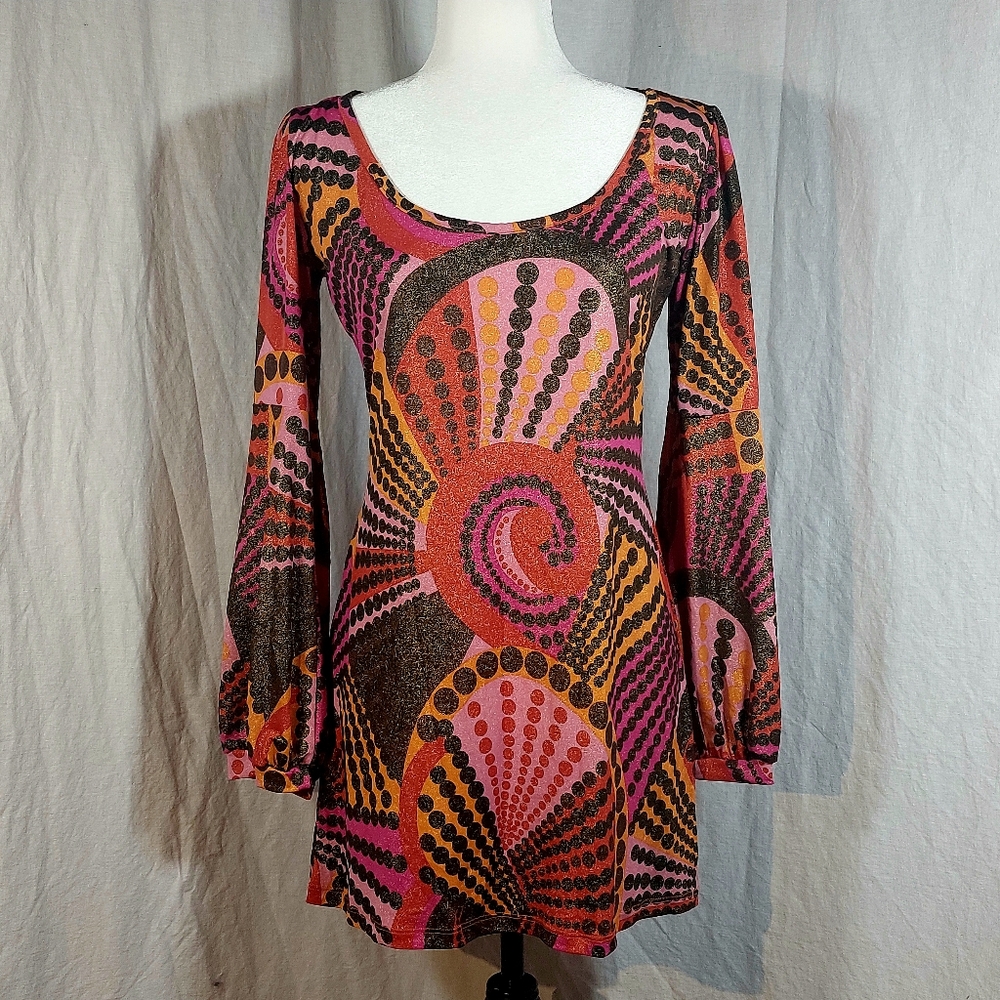 Fickle🔥 pink, orange & black w gold shimmer flared sleeve mini dress, L, NWOT